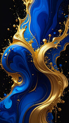A Luxurious Flow of Vivid Blue and Metallic Gold Paint Creating a Dynamic Abstract Composition