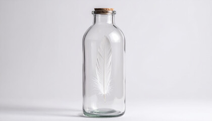 A Delicate White Feather Preserved in a Sealed Glass Bottle on a Minimalist White Background