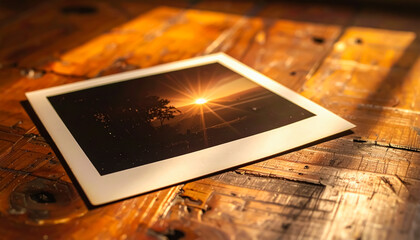A Printed Photo of a Glowing Sunset Placed on a Rustic Wooden Floor Illuminated by Warm Light