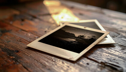 Vintage Monochrome Photograph on a Rustic Wooden Table with Soft Golden Light