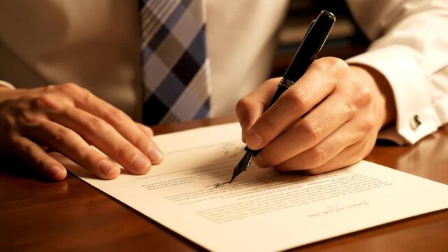 Closeup of mans hands writing with fountain pen on document, formal attire, business or legal context, warm lighting vector illustration
