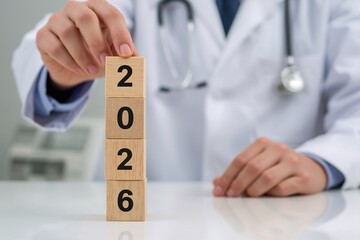Doctor Stacking Wooden Blocks Representing Healthcare Planning and Medical Goals for the Year 2026 in a Clinical Setting
