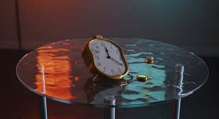 Broken antique clock on a glass table