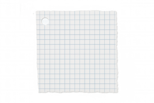 Torn graph paper sheet with ripped edges and hole, empty blank space for writing, transparent background
