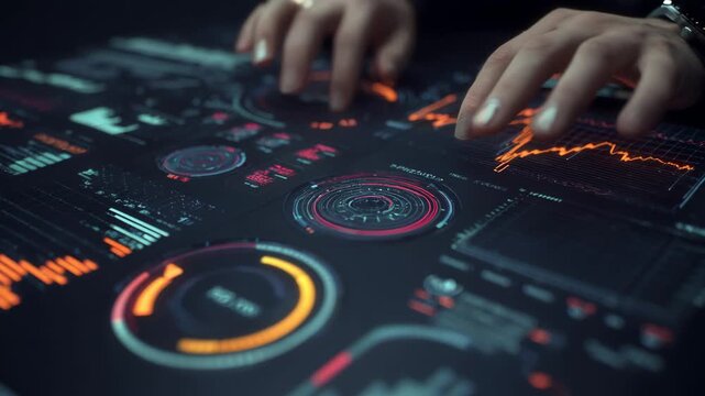 Closeup of hands navigating an interactive reporting interface with various filter options to personalize data visualization efficiently.