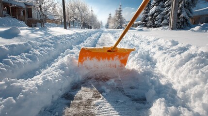 Snow Shoveling in a Winter Landscape with Snow-Covered Streets and Clear Skies