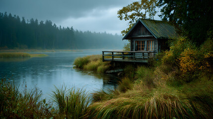 Obraz premium Wooden cabin by misty lake in early morning calmness 