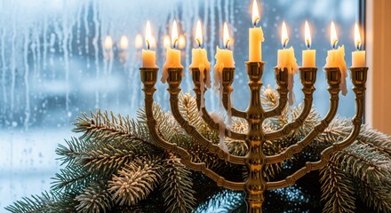 Hanukkah menorah with burning candles by frosted window