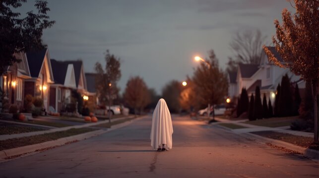 Spooky Ghost Appears in a Quiet Suburban Neighborhood at Dusk