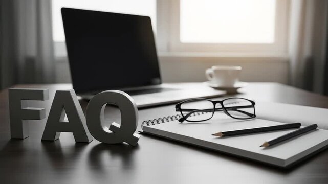 FAQ concept with laptop, glasses, notepad, pencil, and coffee cup on desk, ideal for business, customer service, and online help