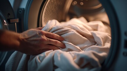 Person's Hand Checking White Laundry in Drying Machine at Home Interior