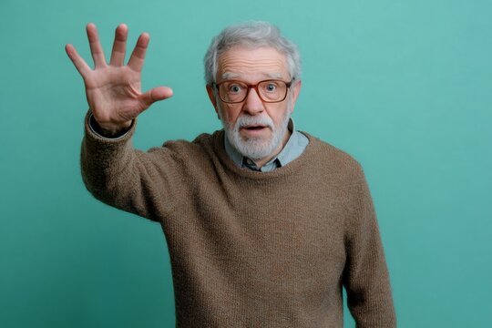 Older man raising hand, palm out, signaling to stop or showing the number five. Expressing surprise or shock