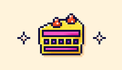 Pixel art cake with berries on top and two simple stars around it.