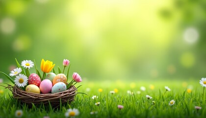 Fototapeta premium Easter basket with colorful eggs and flowers on green grass 
