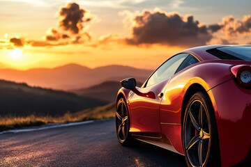Obraz premium Sleek red sports car reflecting golden sunset light, parked on an asphalt mountain road with scenic hills in the background