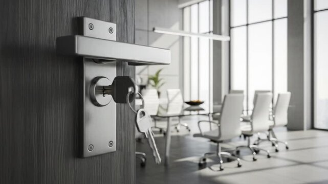 Entering a modern office space, key in door reveals conference room ready for business meeting, success
