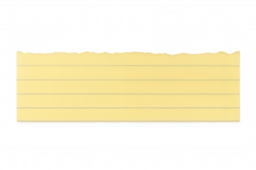 Blank yellow torn paper strip with lines, copy space for message, memo, or note on transparent background