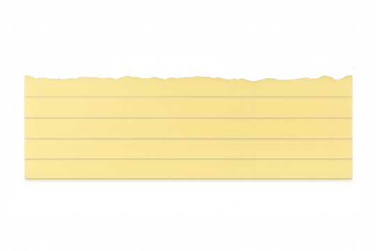 Blank yellow torn paper strip with lines, copy space for message, memo, or note on transparent background