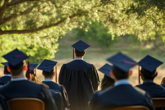 Graduates in caps and gowns sitting at an outdoor ceremony, viewing the stage, marking a milestone in their academic journey