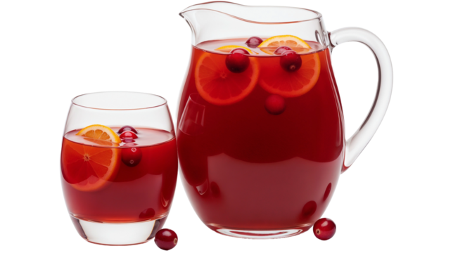 Delicious cranberry punch in a pitcher and glass with citrus fruits on a white background
