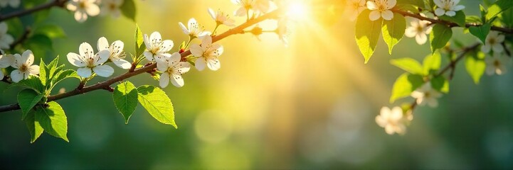 Radiant Spring Sunbeams Illuminate Blossoming Branches, Fresh Green Leaves, and Delicate Flowers in a Vibrant Nature Scene, Perfect for Springtime Themes