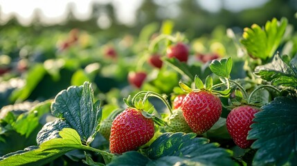 Strawberry plants with ripe red fruit and green leaves in a field.