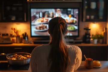 Woman standing in a warm lit kitchen, watching a cooking show on television while cooking dinner on the stove