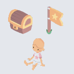 treasure, flag, and baby cartoon pixel art. vector illustrations