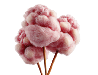 Trio of pink cotton candy clouds on sticks against a black backdrop