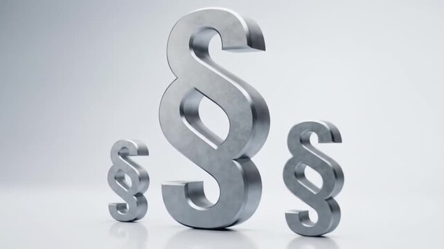 Dynamic metallic paragraph symbol sequence representing legal concepts, rules, and regulations with a clean, modern aesthetic