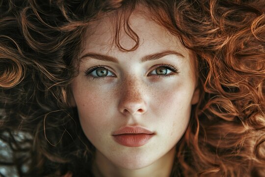 Young redhead woman looking at camera, her green eyes and freckles highlighting natural beauty and uniqueness
