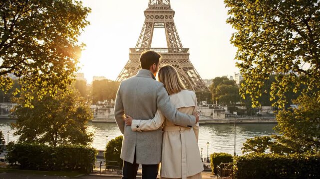 Couple embracing and looking at the eiffel tower in paris at sunset with trees framing the view vector illustration