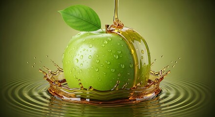 Dynamic shot of clear, golden apple juice splashing around a crisp, green apple with a leaf, as a stream of juice is poured onto the fruit.