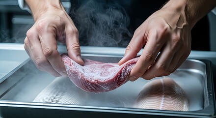 Close-up of a chef's hands holding a piece of flash-frozen meat (tuna or steak) over a tray, with dramatic liquid nitrogen or dry ice smoke.