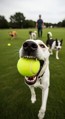 Extreme close-up, wide-angle shot of a happy white dog with a tennis ball firmly in its mouth, running toward the camera in a dog park.