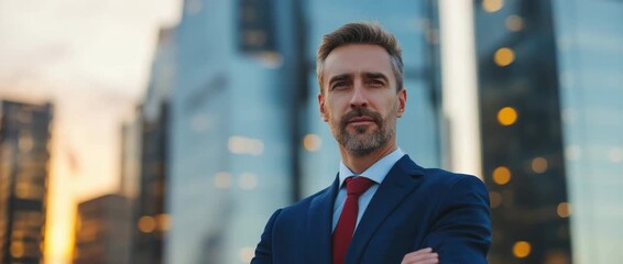 Portrait of a confident middle-aged businessman in a suit. Successful corporate executive standing in a modern city with arms crossed. Leadership and ambition concept - Powered by Adobe