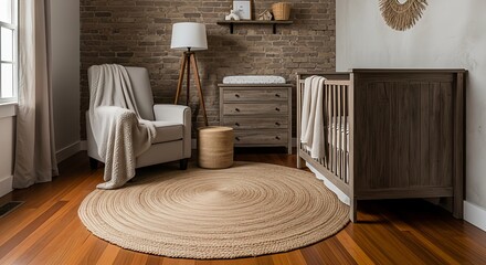 Cozy, rustic baby nursery with a dark wood crib, neutral armchair, and jute rug, set against a stylish exposed brick wall.