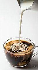 High-speed shot of milk being perfectly poured from a pitcher into black coffee, creating an intricate flower latte art design in a glass cup.