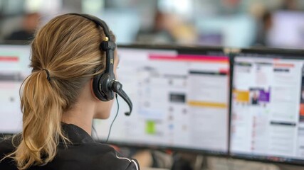 Call center employee speaking on a phone while reviewing customer information on a screen showcasing integrated communication platforms. - Powered by Adobe