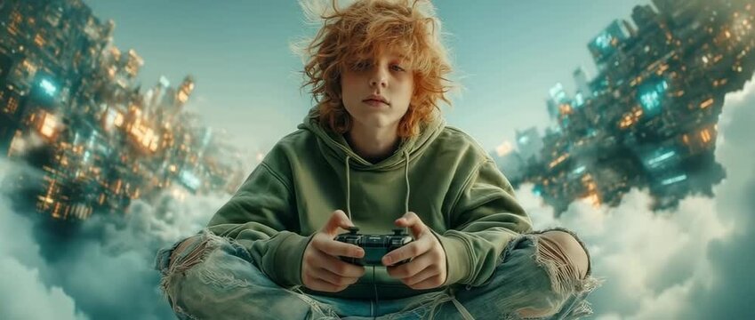 Teenage gamer with red hair playing a video game. Boy with controller immersed in a futuristic virtual world above the clouds. Youth culture and technology concept