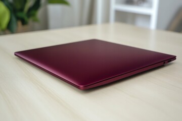 Burgundy laptop closed on a light wooden table, highlighting its ultra thin profile and sophisticated design