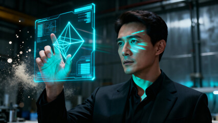 Future Tech Interaction: A person with keen focus interacts with a holographic interface, a display of advanced technology and scientific innovation, in a futuristic setting.