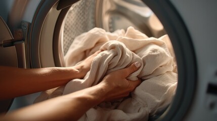 Hands Removing Soft White Towels from Modern Laundry Dryer at Home
