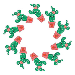 Cactus character frame with hearts. Round  border with funny plant in flowerpot. Groovy style object on a white background with copy space. Green, pink, red colors. Vector design for valentine's day
