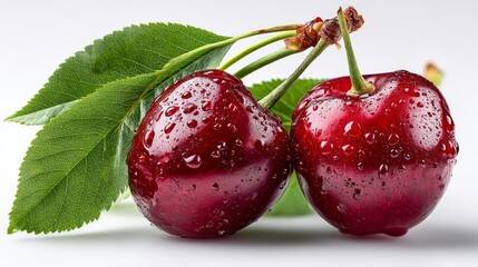 Fresh Red Cherries with Water Drops on Leafy Branch and White Background