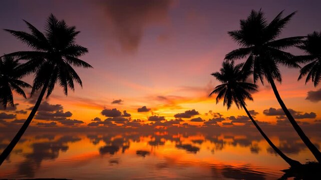 A vibrant sunset over the ocean with silhouetted palm trees and dramatic clouds reflected in the calm water vector illustration