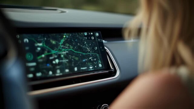 Close medium shot of a digital map on a cars touchscreen presenting a green fuelefficient route suggestion with the drivers face softly blurred in the background.