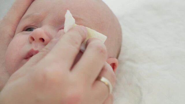 parent cleans eye mucus with a sterile cotton pad from baby eyes in selective focus. Disease tear ducts tons of newborns close up. blockage of the lacrimal drainage system. 