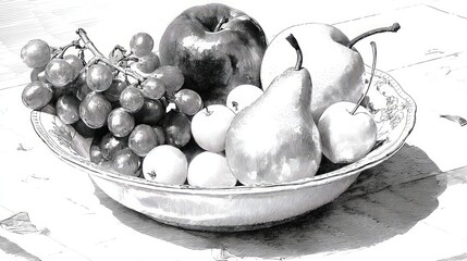 Black and White Illustration of Mixed Fruits in a Decorative Bowl