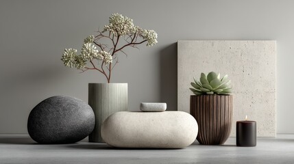 Modern Minimalist Still Life with Stones, Succulent, and Decorative Elements
